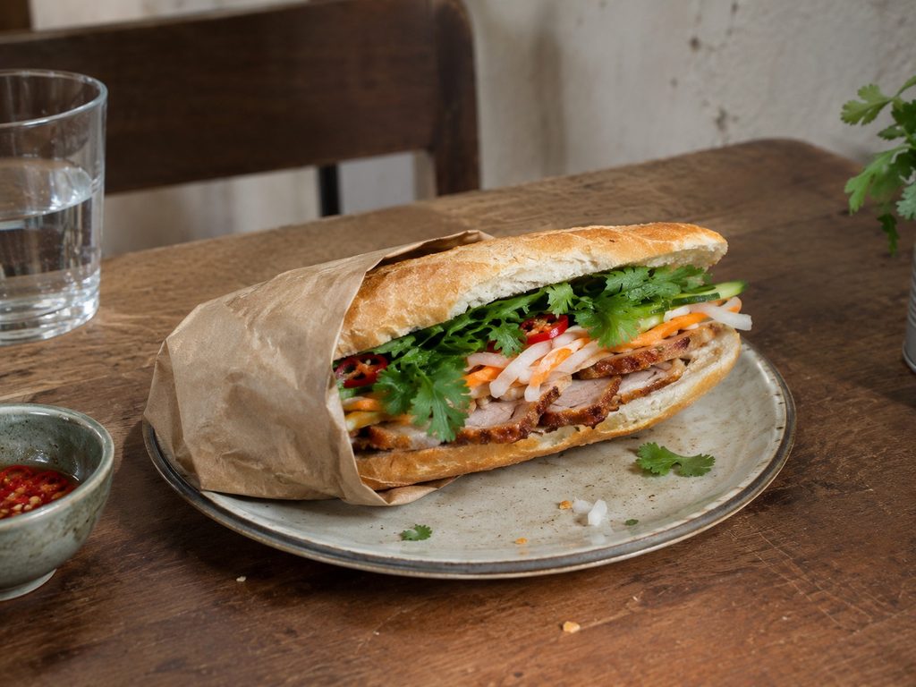 Knuspriges Bánh Mì im Längsschnitt