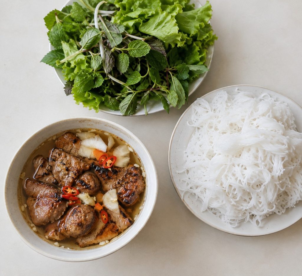 Bún Chả Hà Nội mit gegrilltem Schweinebauch und Reisnudeln