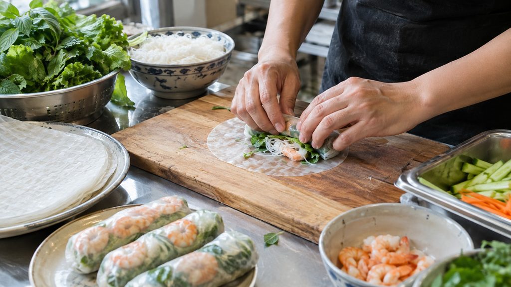 Hände rollen frische Sommerrollen in der Küche von Phở 88