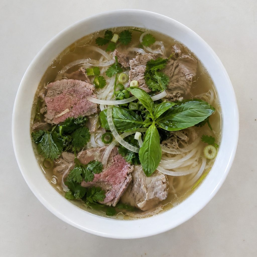 Phở Bò in einer weißen Schüssel von oben