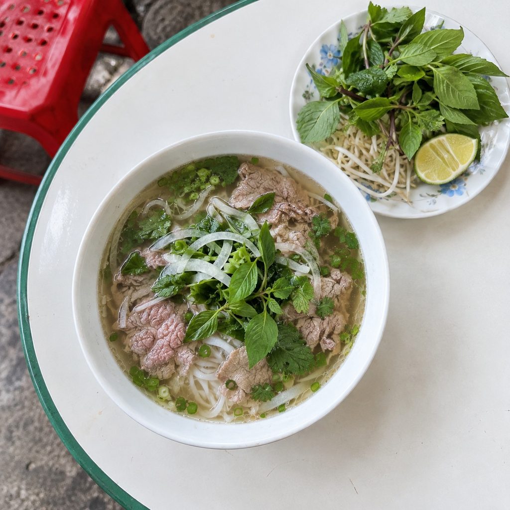 Schale Phở auf Emailletisch mit Kräuterteller