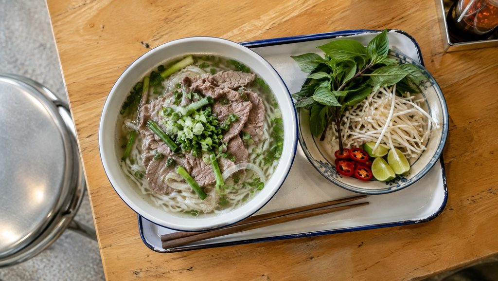 Schale Phở Bò mit Limettenviertel und frischen Kräutern