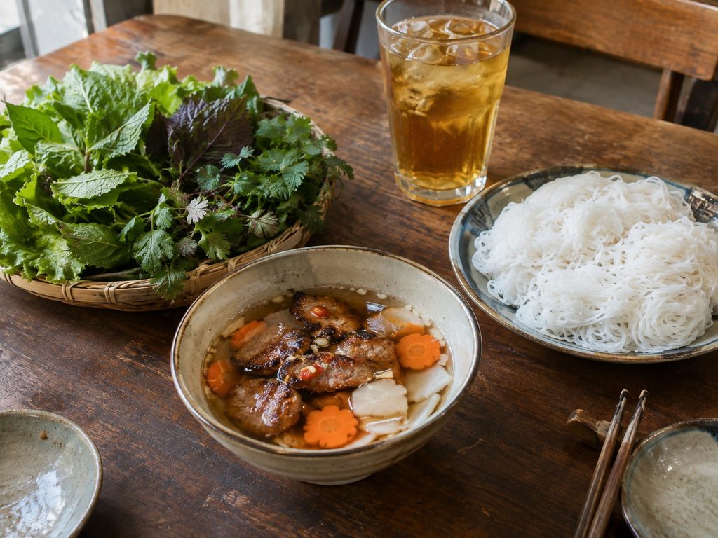 Tisch mit Bun Cha, Eistee und Esstäbchen