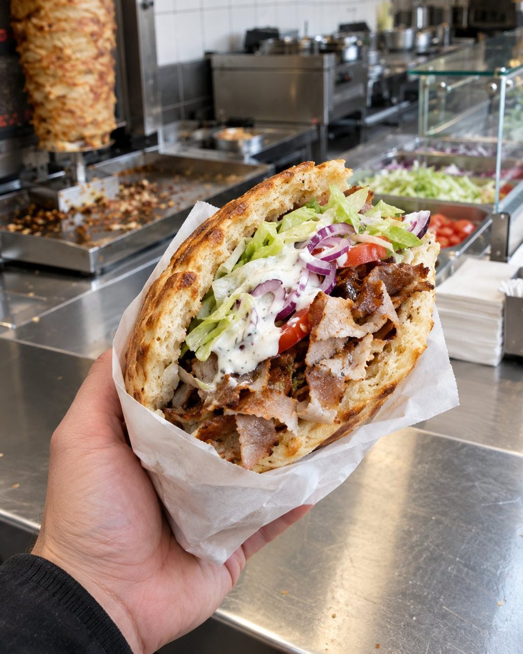 Döner im Fladenbrot, halb in Papier gewickelt