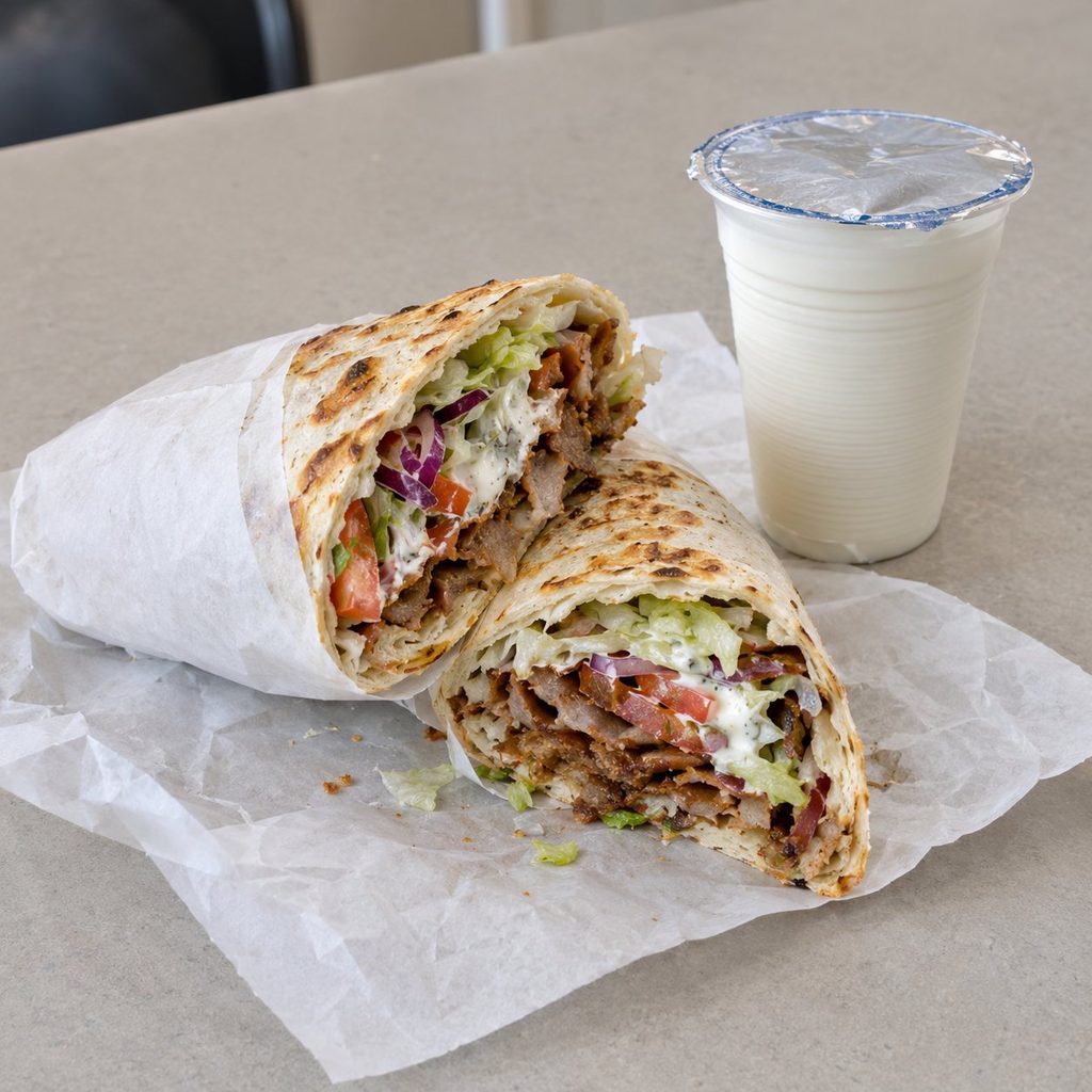 Aufgeschnittener Dürüm mit Ayran-Becher