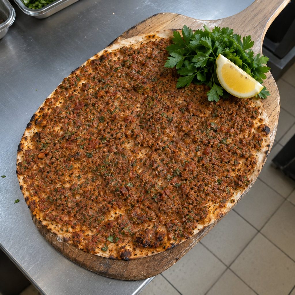 Lahmacun auf dem Holzschieber mit Zitrone und Petersilie