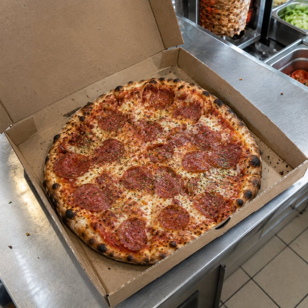 Salamipizza im offenen Karton auf der Theke