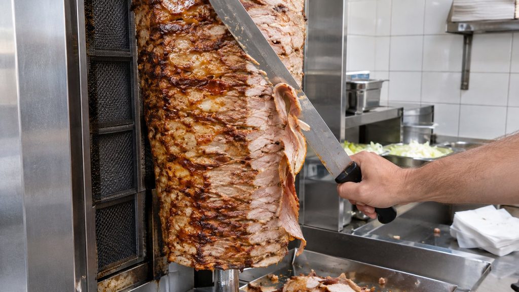 Messer schneidet Kalbfleisch vom Drehspieß