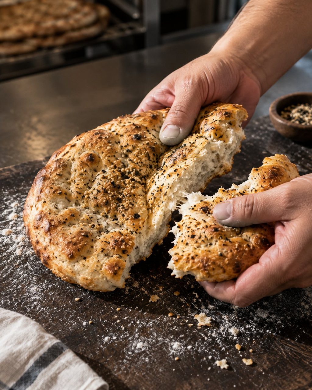 Hände reißen frisches Fladenbrot auf