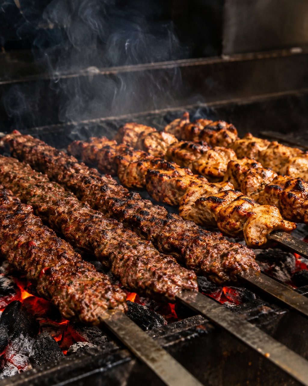 Adana-Spieße über glühender Holzkohle
