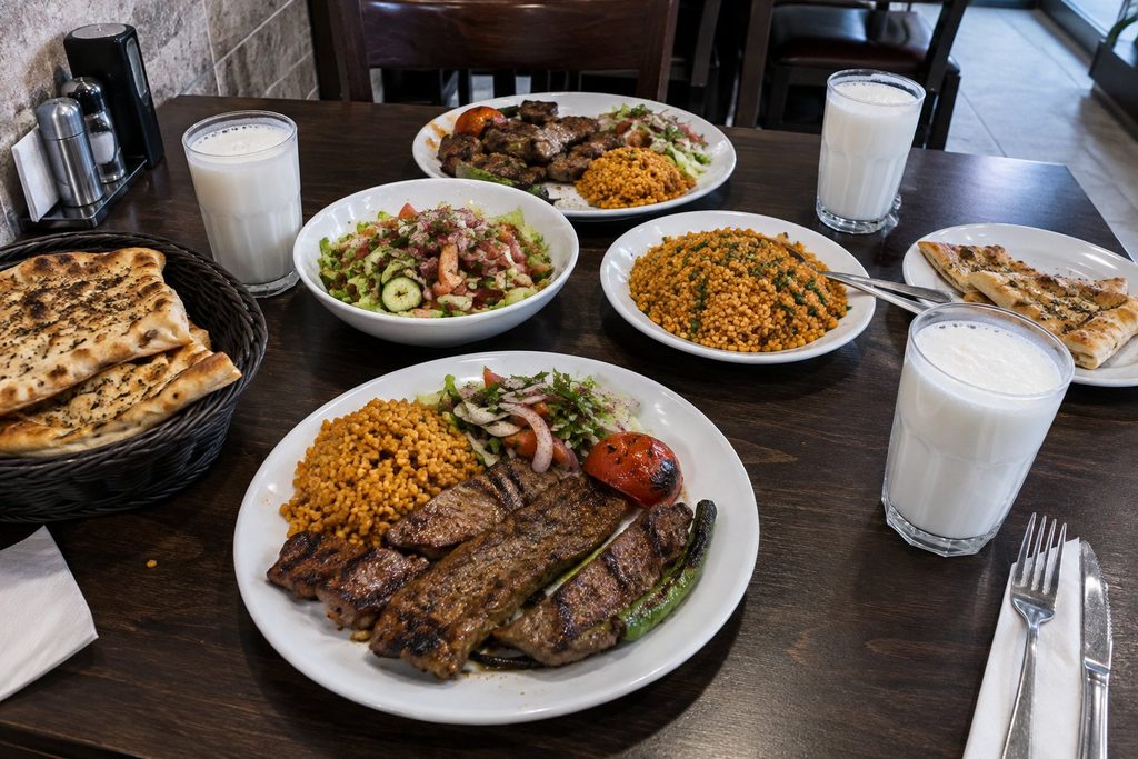 Tisch am Abend mit Grilltellern, Bulgur und Ayran