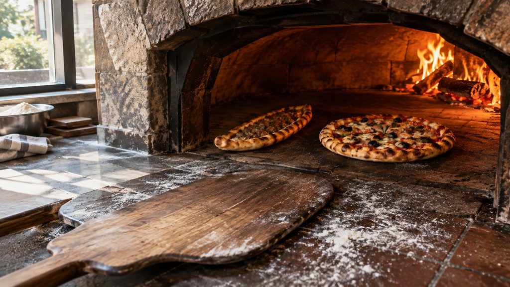 Pide und Pizza nebeneinander im offenen Steinofen