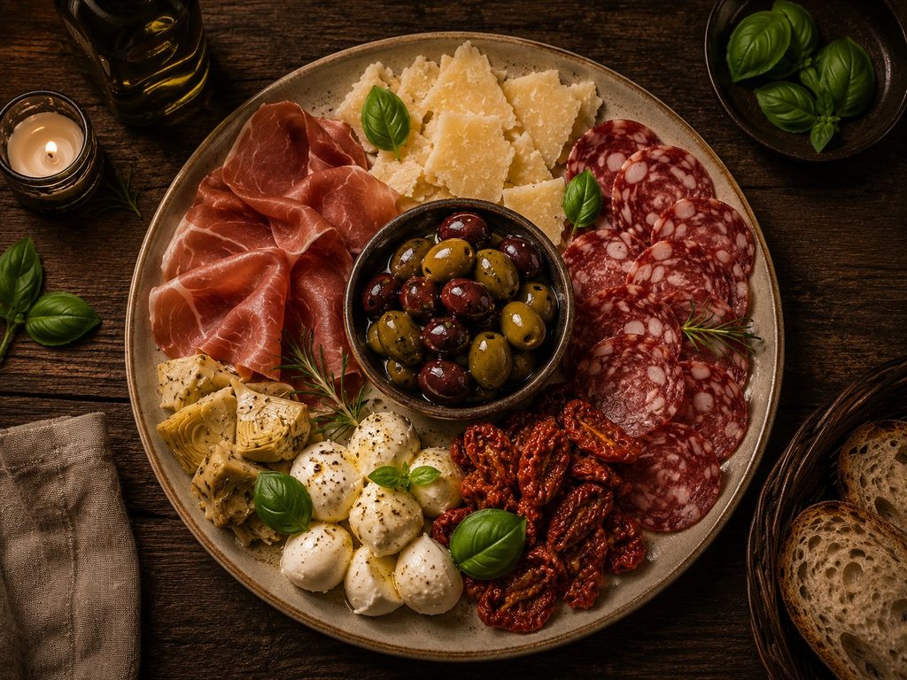 Große Antipasti-Platte mit Prosciutto, Parmesan, Salami, Oliven, Mozzarella und getrockneten Tomaten