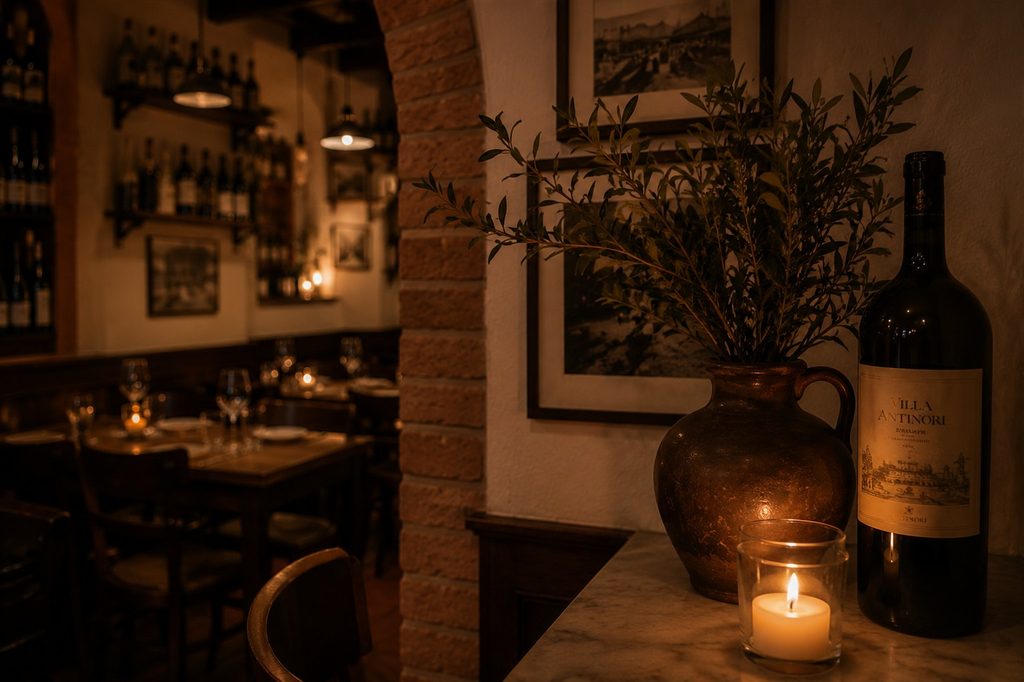 Gastraum mit Backstein-Rundbogen, Weinregal und Olivenzweig im Kerzenlicht