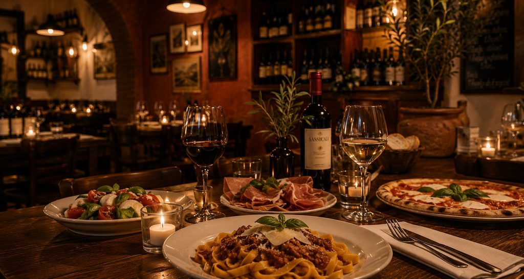 Kerzenbeleuchteter Tisch mit Pasta, Pizza und Wein im Gastraum der Trattoria Bella Esempio