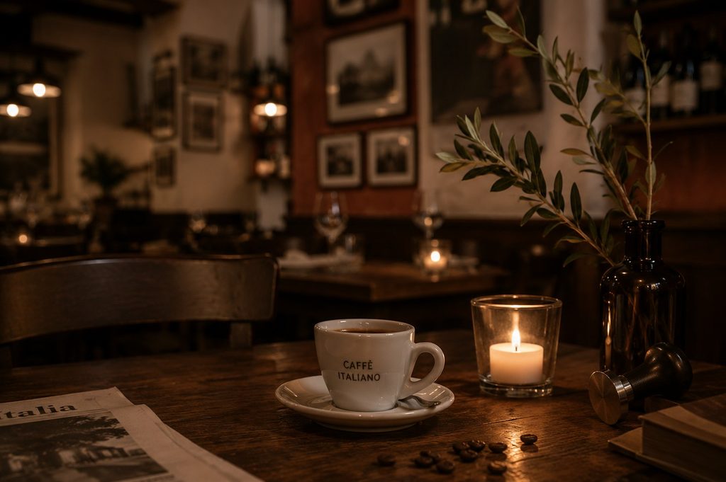 Tasse Espresso mit Kerze und Zeitung in abendlicher Stimmung
