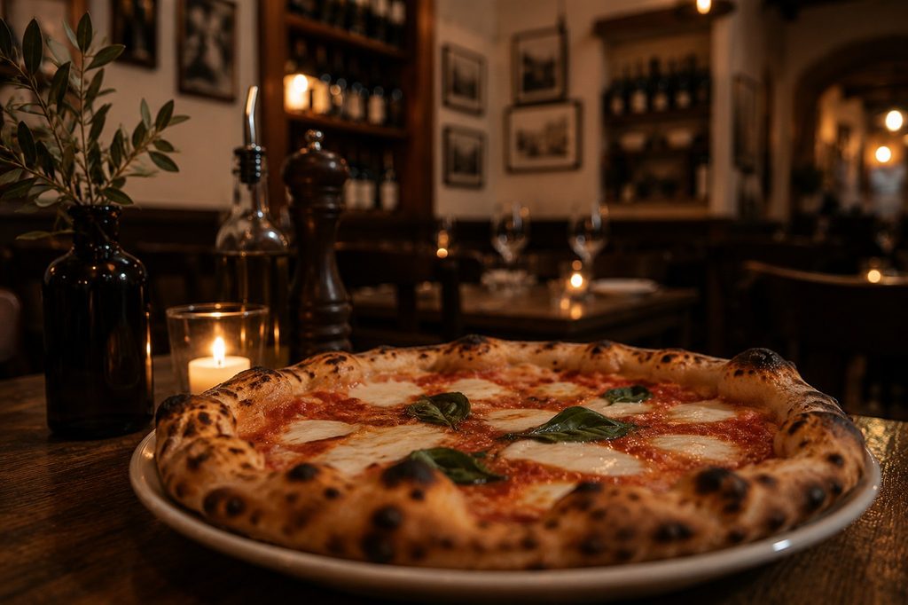 Pizza Margherita mit Tomaten, Mozzarella und Basilikum frisch aus dem Holzofen