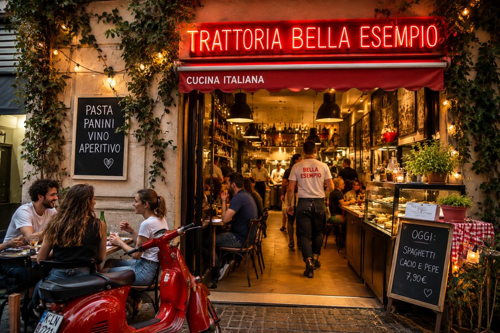 Belebter Abend vor der Trattoria Bella Esempio: rotes Neonschild, Gäste an Außentischen, eine rote Vespa und die Tageskarte-Tafel