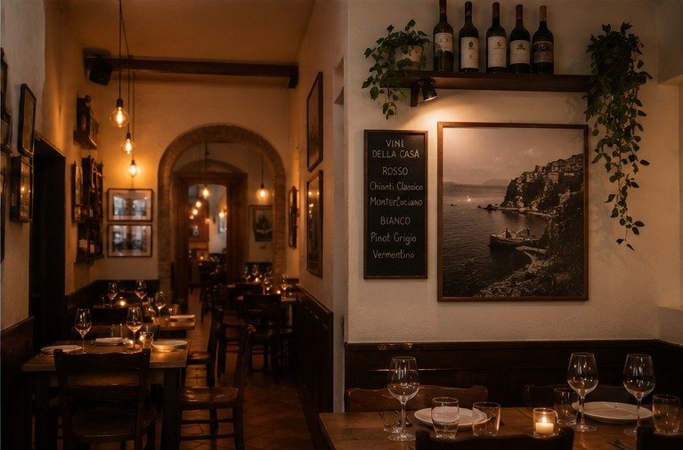 Gemütlicher Gastraum mit Weinregal und gerahmten Schwarz-Weiß-Bildern an der Wand