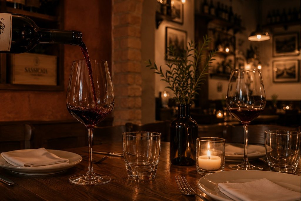 Rotwein wird am kerzenbeleuchteten Abendtisch ins Glas eingeschenkt