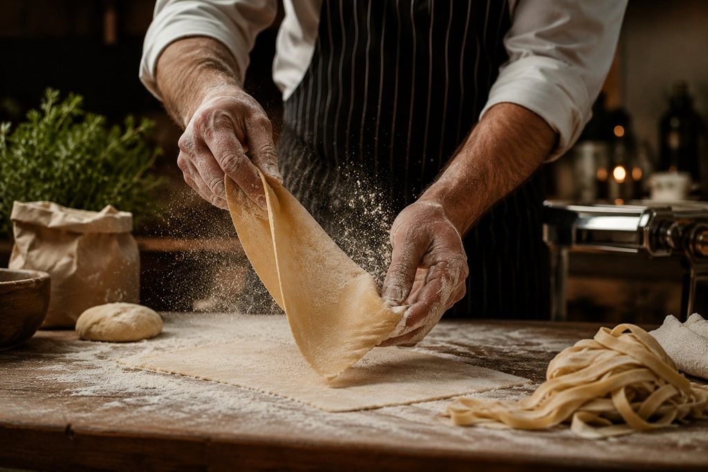 Hände ziehen frische Tagliatelle auf einem bemehlten Holztisch