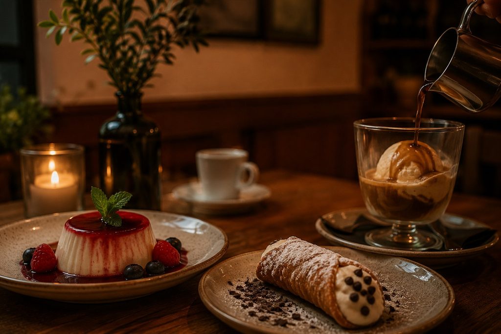 Dolci-Auswahl mit Panna Cotta, Cannolo und Affogato al Caffè