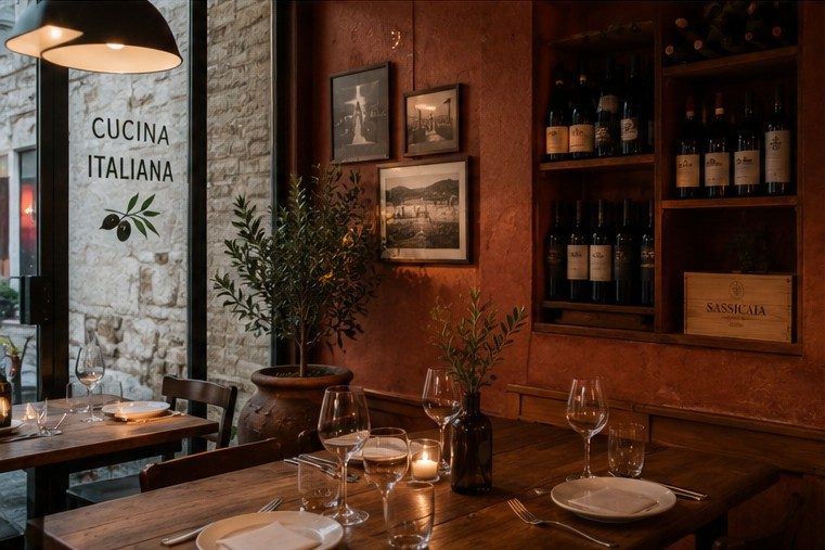 Intime Sitzecke mit Cucina-Italiana-Fliesen und gedeckten Tischen