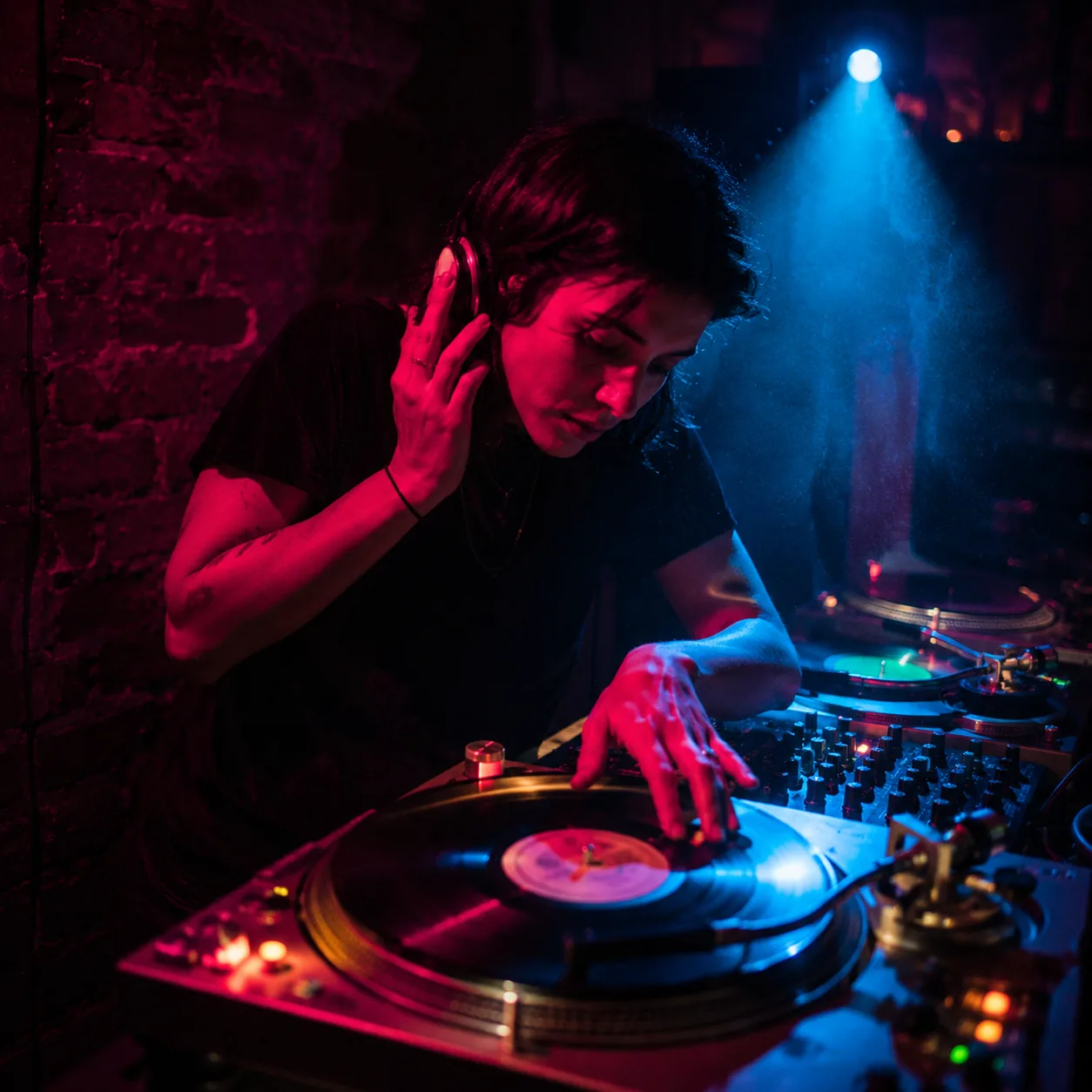 DJ an den Turntables in magenta Licht
