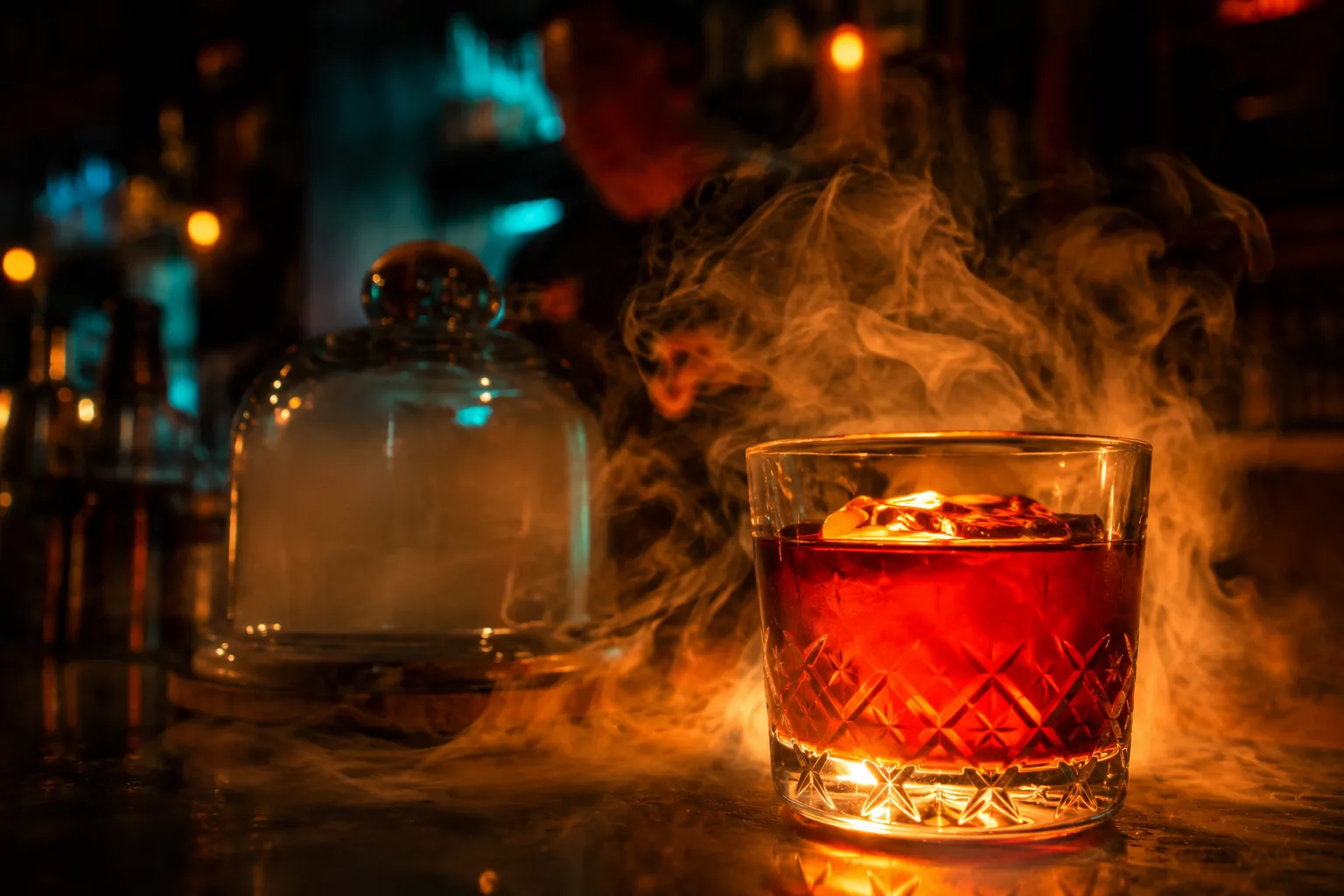 Negroni Fumo im Tumbler unter Rauchglocke mit oranger Glut