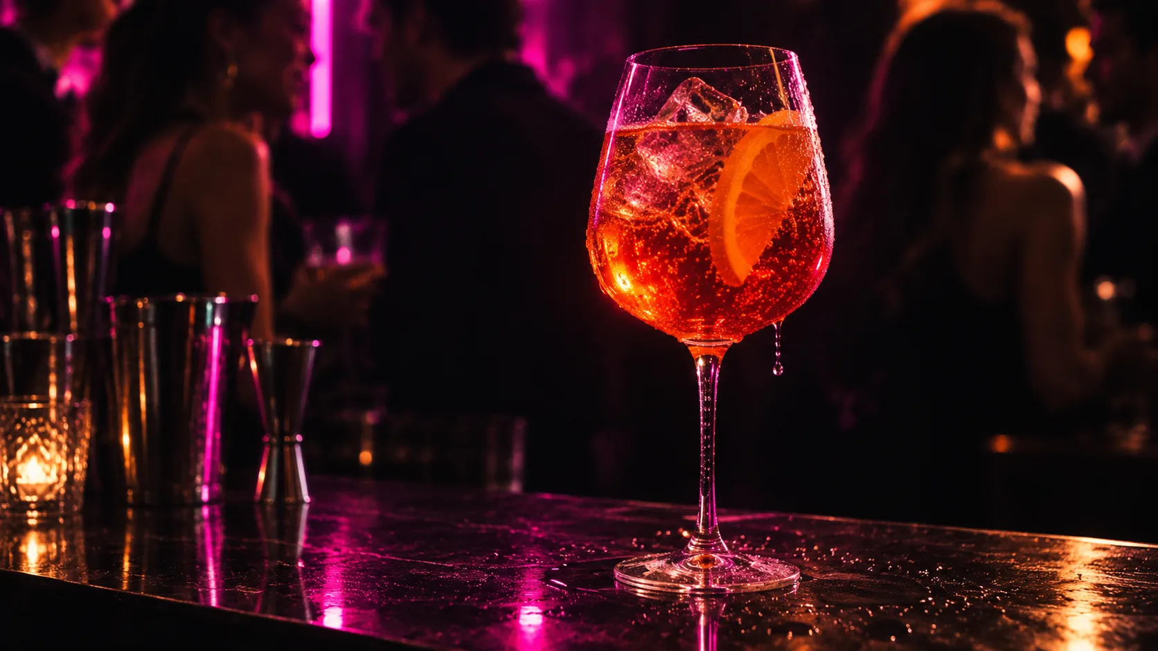 Spritz Elettrico, magenta angeleuchtetes Glas