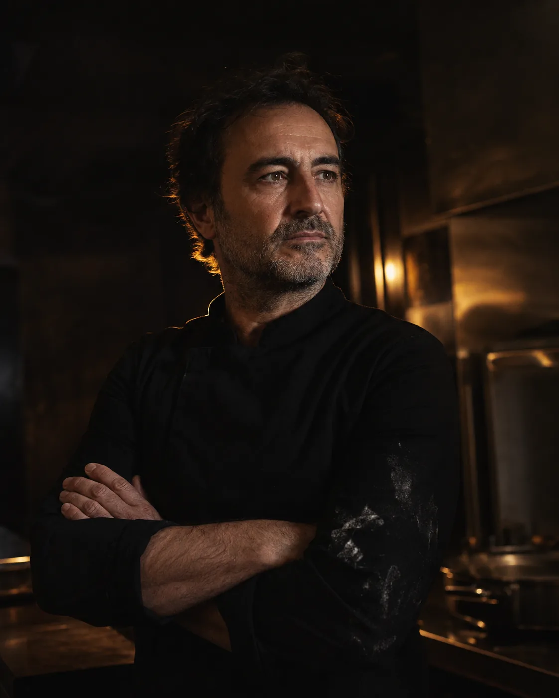 Küchenchef im Gegenlicht in der dunklen Küche, warmer Goldton
