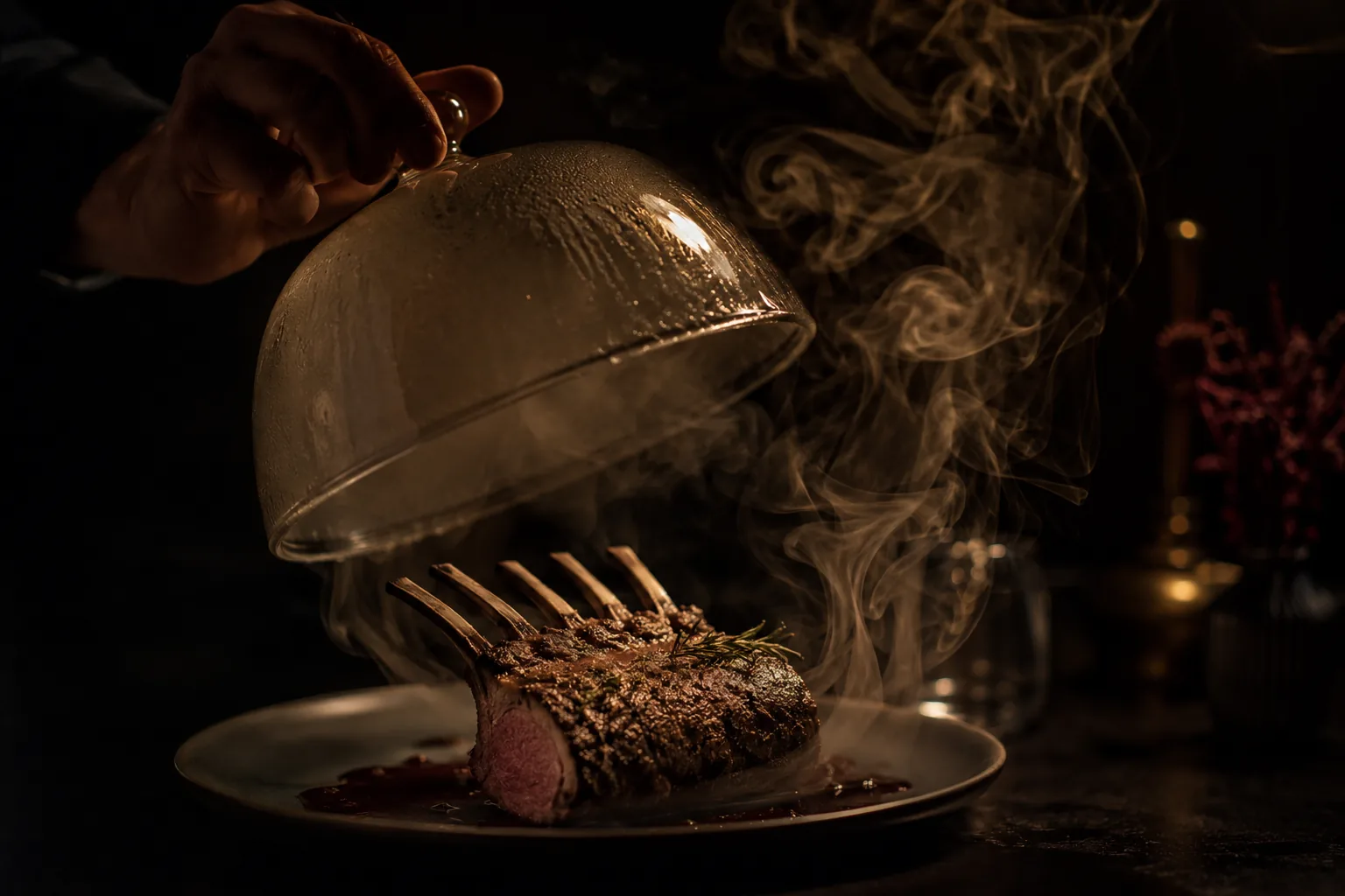 Agnello unter rauchgefüllter Glascloche in Bordeaux-Tönen
