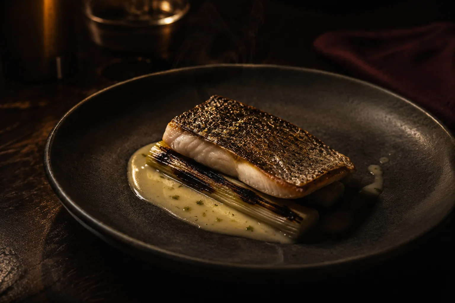 Minimalistisch angerichteter Branzino auf dunklem Fond