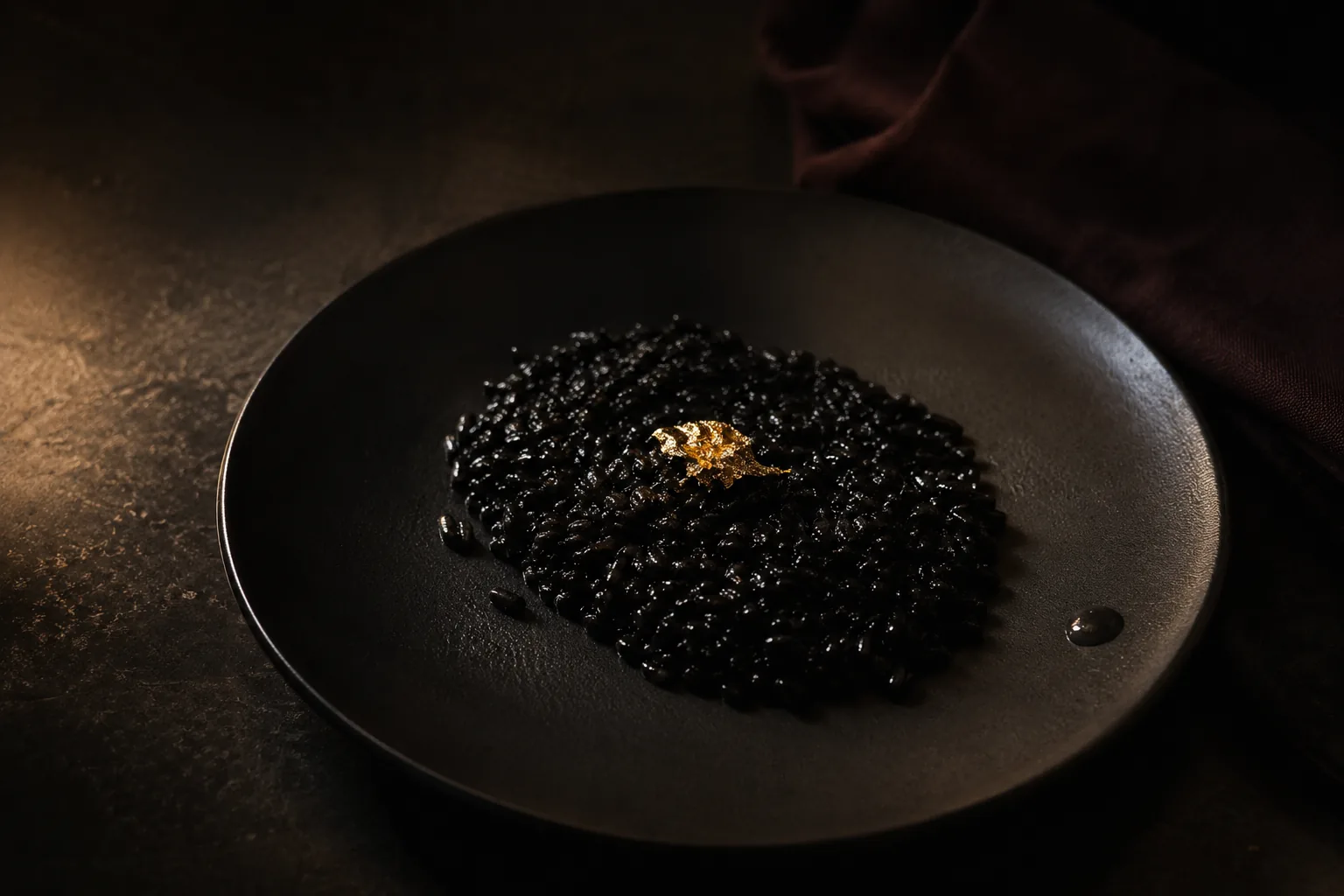Schwarzes Risotto all'Oro Nero mit Blattgold auf dunklem Teller