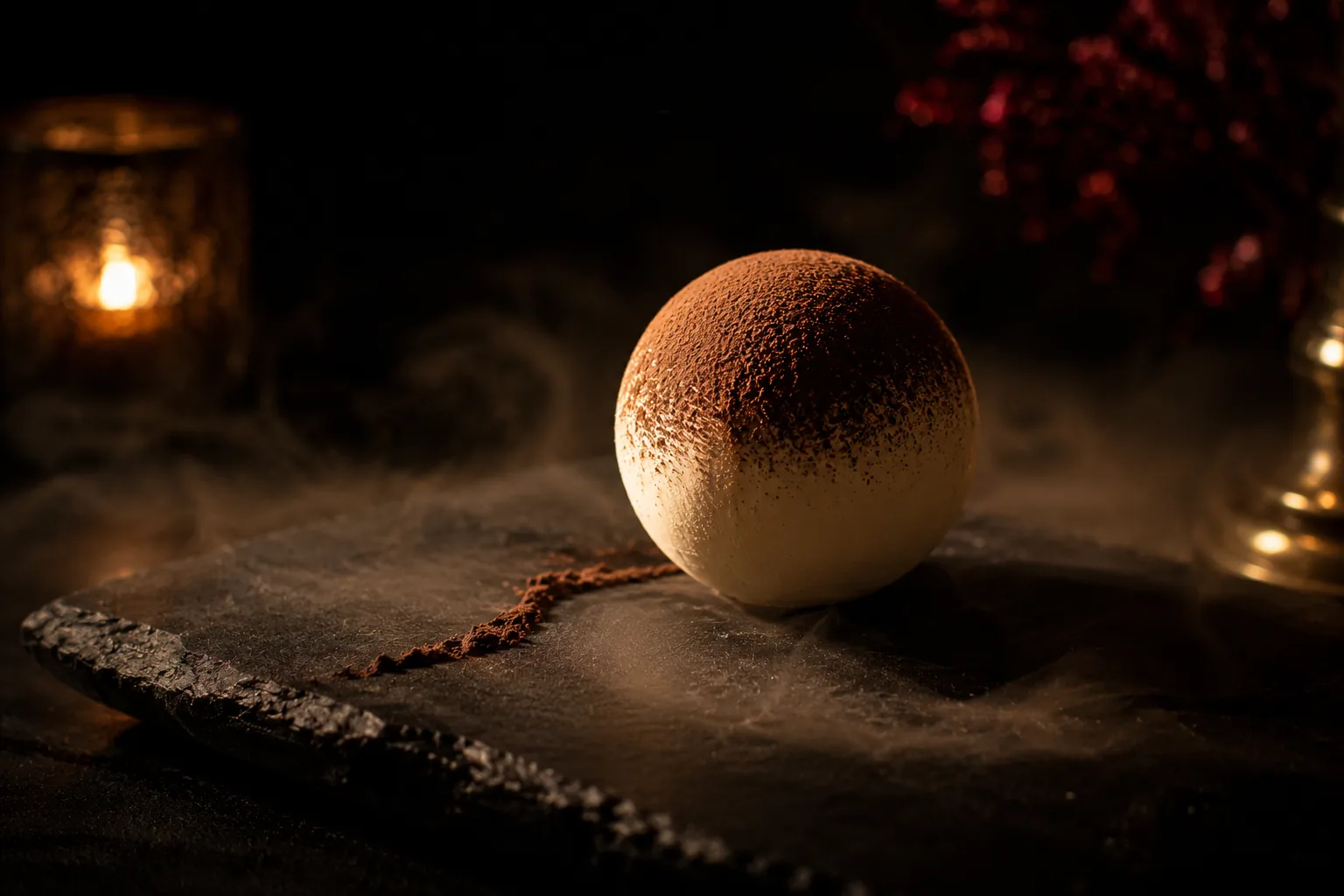 Kugelförmiges Tiramisù Sferico auf schwarzem Stein mit Kakao-Nebel